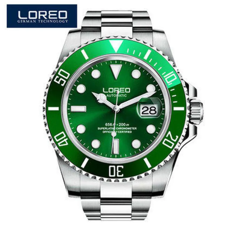 Stainless steel 02 LOREO автоматические механические часы для ныряльщиков спортивные 200 м Роскошные Брендовые мужские часы деловые наручные часы Мужские часы Relogio Masculino - Цвет: Stainless steel 02