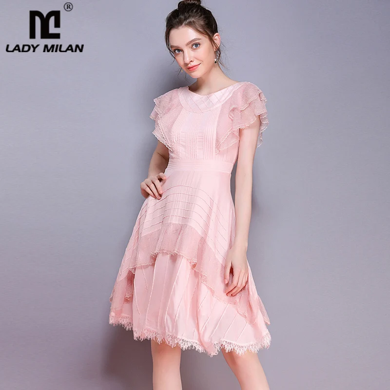 Lady Milan Women's Runway Designer Dresses O Neck Ruffles Flare Sleeves Tiered Lace Fashion Summer Dresses