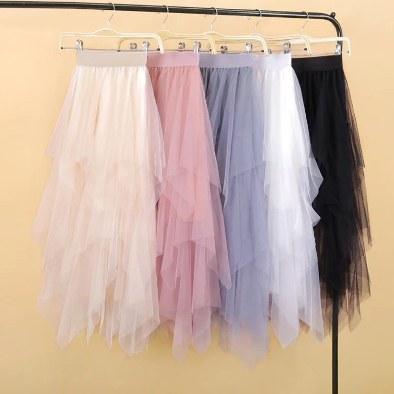 Women irregular Tulle Skirts Fashion Elastic High Waist Mesh Tutu Skirt Pleated Long Skirts Midi Skirt Saias Faldas Jupe Femmle Women irregular Tulle Skirts Fashion Elastic High Waist Mesh Tutu Skirt Pleated Long Skirts Midi Skirt Saias Faldas Jupe Femmle