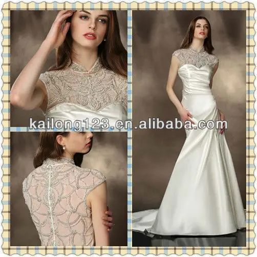 Pretty High Collar Cap Sleeves Beading Illusion Neckline A Line Pretty High Collar Cap Sleeves Beading Illusion Neckline A Line Ruched Bodice Chapel Train Satin