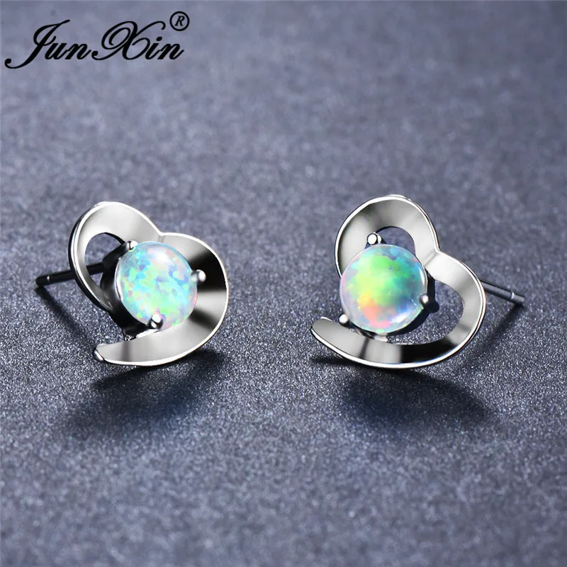 

JUNXIN 925 Sterling Silver Filled Heart Stud Earrings For Women Small White/Blue Fire Opal Earrings Female Wedding Ear Studs