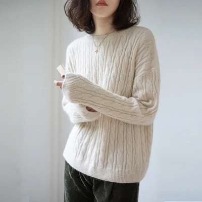 cashmere sweater female head round neck short loose thickening twist solid color knitted sweaters women autumn winter pullover - Цвет: white