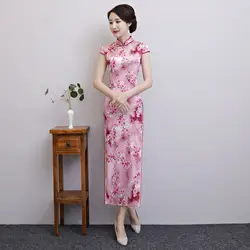 Oversize 3XL традиционные для женщин Длинные Cheongsam летние шорты рукавом Элегантный розовое вечернее платье с цветочным принтом Шелковый Qipao Vestidos