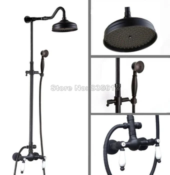 

Black Oil Rubbed Bronze Wall Mount Bathroom 8 inch Rain Shower Head Faucet Set Ceramic Handle + Handheld Spray Mixer Taps Wan774