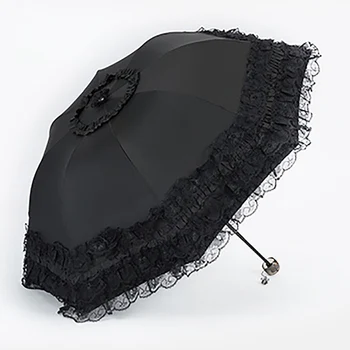 

Sun Folding Umbrella Rain Women Lace Paraguas Mujer Black Parasol Folding Princess Guarda Chuva Invertido UV Protection 60U0094
