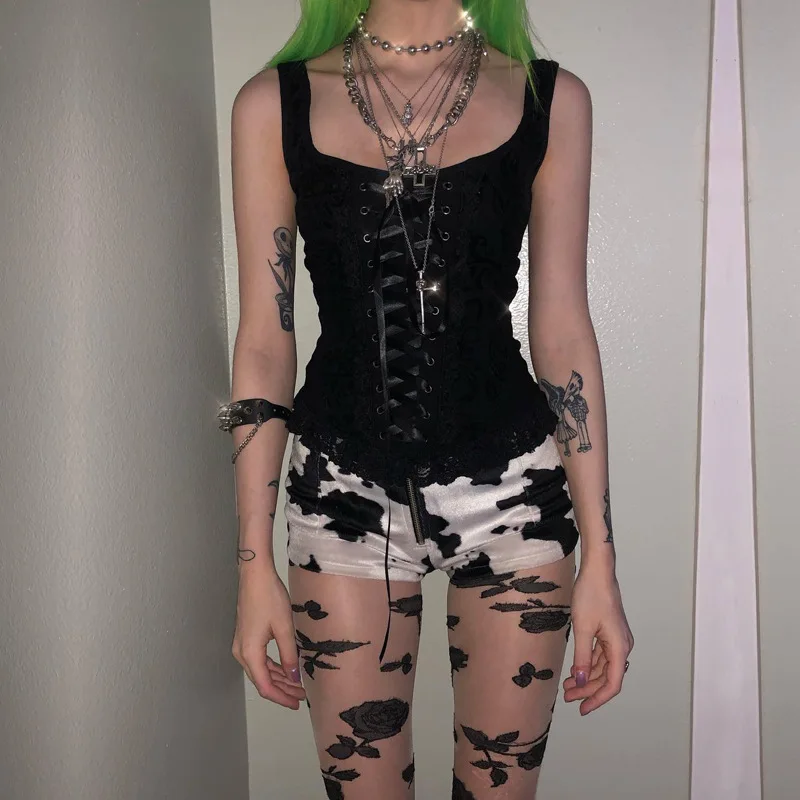 Goth Dark Grunge Black Tank Tops Gothic Transparent Hollow Out Crisscross Bandage Top Summer Sexy F