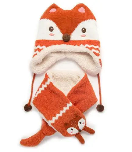 Зимняя детская теплая плотная шапка для девочек, шарф, перчатки, комплект из 3 предметов, вязаные детские вязаные шапки, шапки, теплые перчатки для мальчиков и девочек - Цвет: orange fox b set