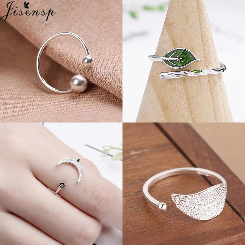 

Jisensp Woman Jewelry Fashion Simple Open Design Leaf Ring Double Ball Round Rings Female CZ Star Moon Ringen anillos mujer