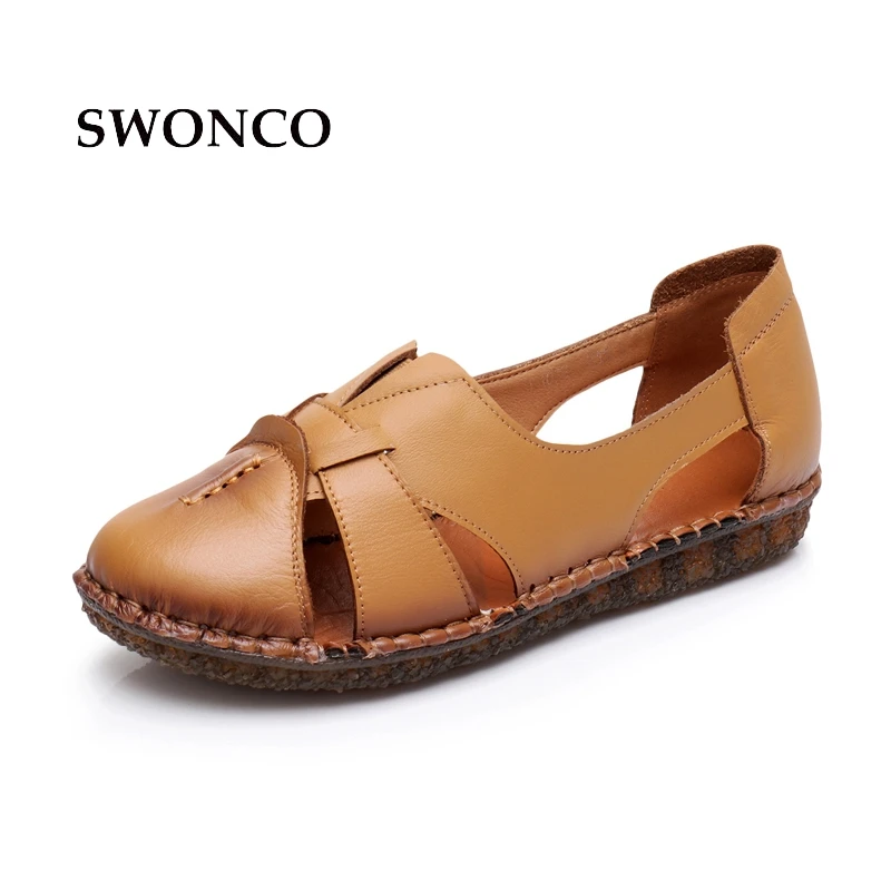 SWONCO/женские босоножки; коллекция года; сезон лето; женская обувь ручной работы из натуральной кожи; кожаные сандалии; женская обувь на плоской подошве в стиле ретро; обувь для мам