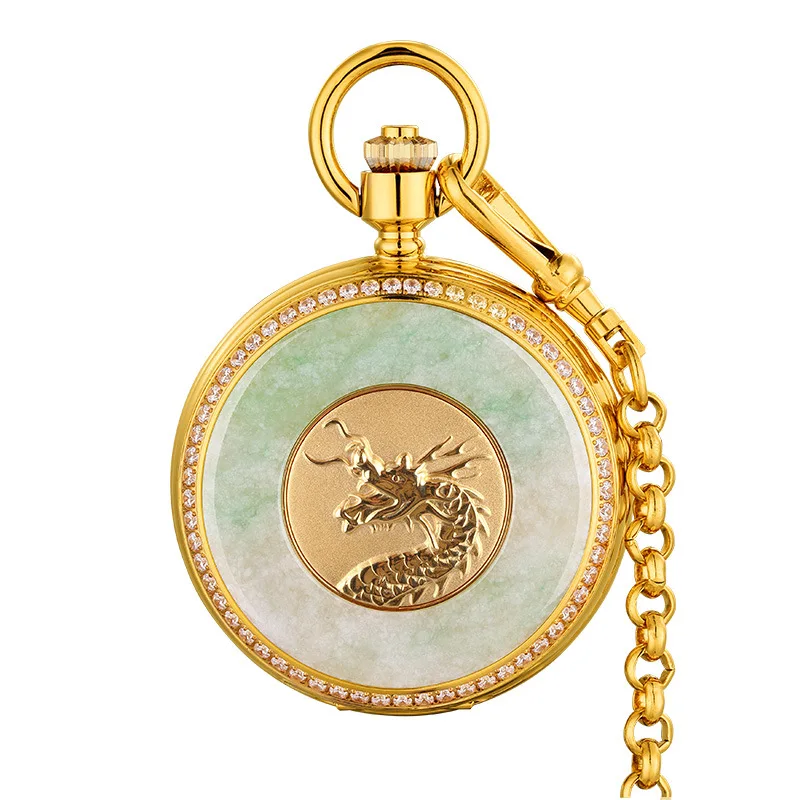 Мужские часы и коллекционные вещи винтажные Механические карманные часы-раскладушка нефритовые изумрудные золотые часы Мужские часы с драконом художественный стиль - Цвет: AH-060A
