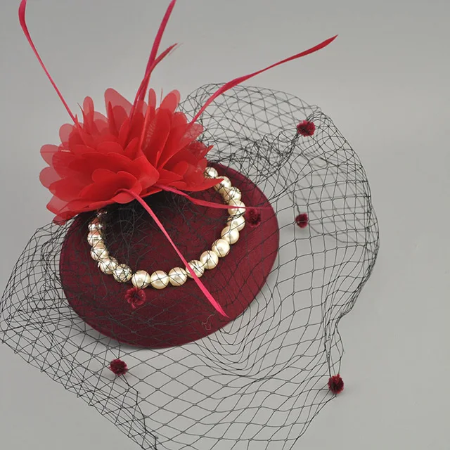 E JUE SHUNG Bridal Net Feather Hats White Red Black Birdcage Net Wedding Hats Bridal Fascinator Face Veils Pearls bride