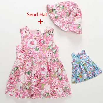 

Blue Pink Floral Summer Baby Girls Dress With Hat Infant Clothes Set Girl Kids Cotton Cute Party Dresses Newborn Princess Wear