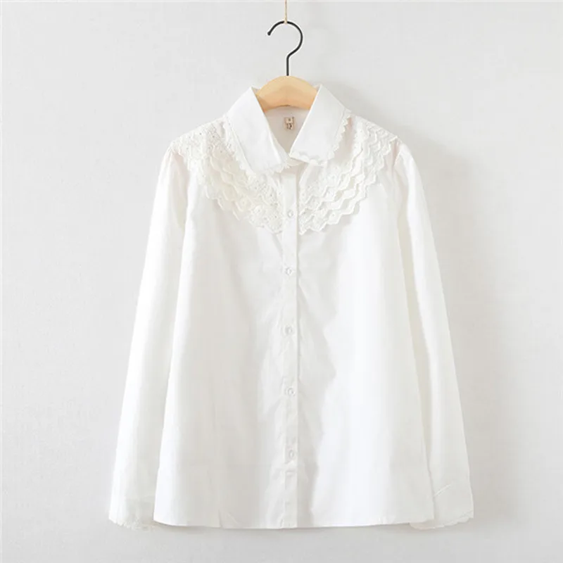 

Female Preppy Style Sweet Cute Turn down collar White Cotton Blouse Casual Shirt Lace Full sleeve Shirts Solid Color Tps