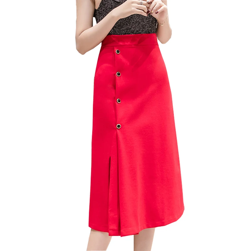 

S-5XL Spring Summer 2019 New Fashion Women A-line Skirt Open Slit Buttont Sexy Skirt Casual Stretch Fabric Cute Skirt