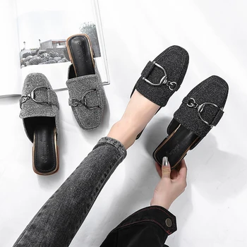 

Baotou half slippers women wear outside summer 2019 new thick with low-heeled social shoes without heel square lazy cool drag