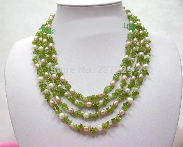 

Wholesale price FREE SHIPPING ^^classic 4rows white pink freshwater pearls green peridot necklace