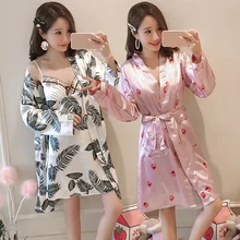 2 шт. шелковые, атласные, с кружевами, сексуальное нижнее белье, комплект пижам для Для женщин принт ночной рубашке домашнее платье Ночная рубашка одежда для сна ночнушка банный Халат