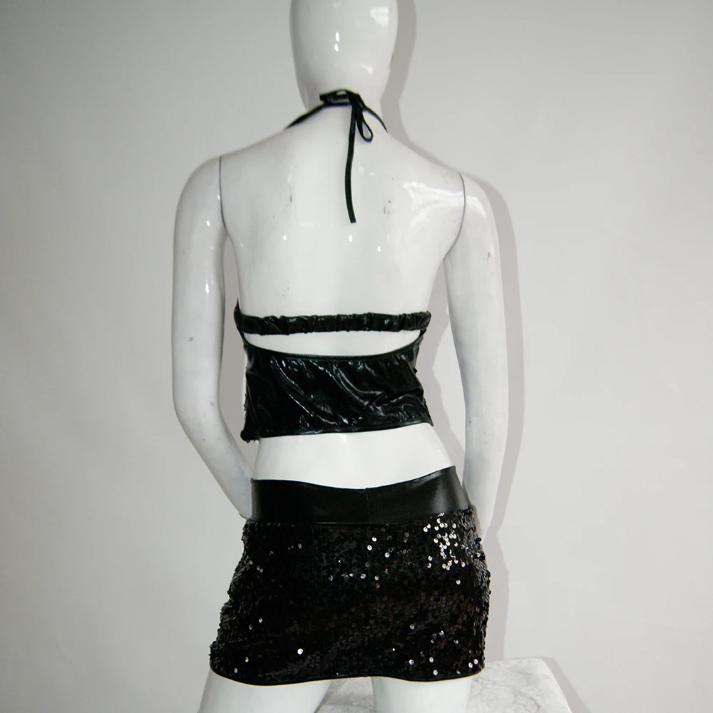 2 Pcs Clubwear Sexy Outfits Black Halter Shiny Sequin Mini Dresses Women Pole Dancing Club Party Dress Robe Femme (3)