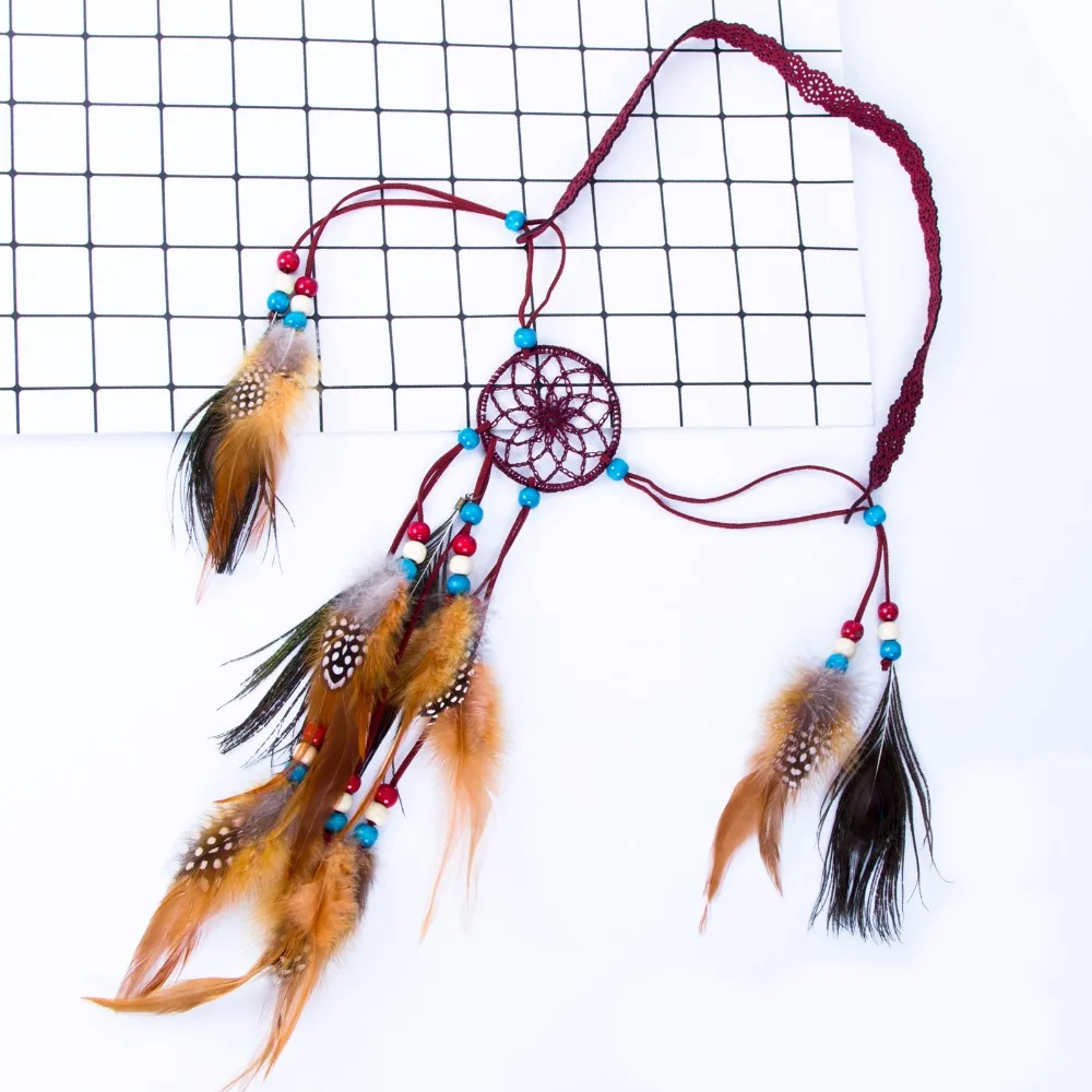 Haimeikang Bohemian Hippie Headband Dream Catcher Feather Headdress Fashion Peacock Feather Headbands Hair Accessories