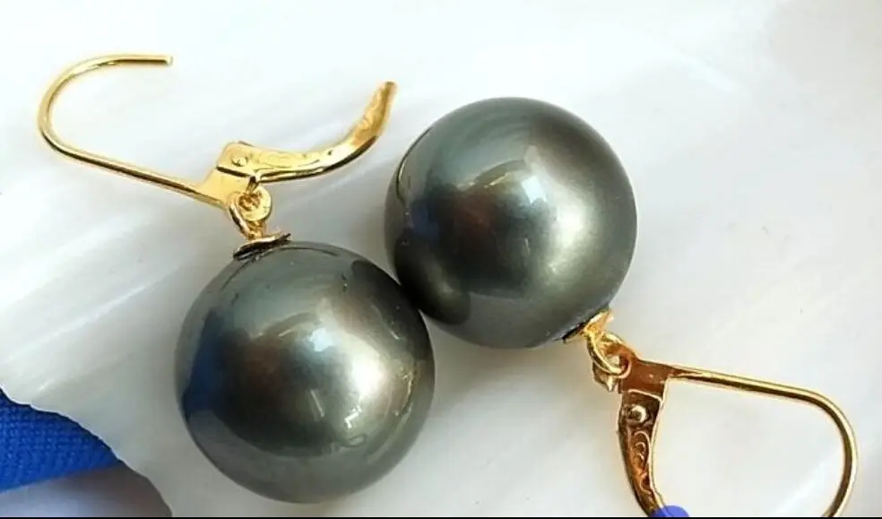 

Perfect round AAA+ 16mm genuine South Sea BLACK Shell Pearl Earrings 14K Go r