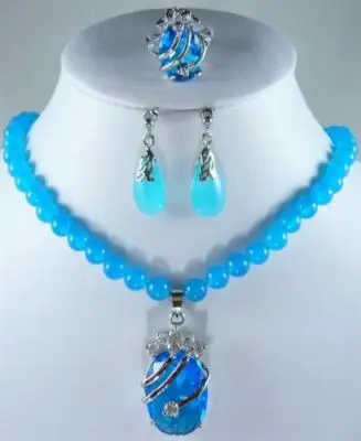 

hot sell new - Blue Topaz Crystal pendant necklace Earring Ring Set18K gold plated watch wholesale Quartz stone CZ crystal (A0