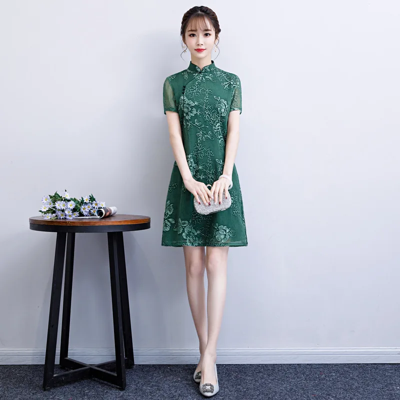 Зеленый Летний Винтаж платье Ципао в китайском стиле Короткие вышивка кружевное платье Чонсам Для женщин китайское традиционное платье