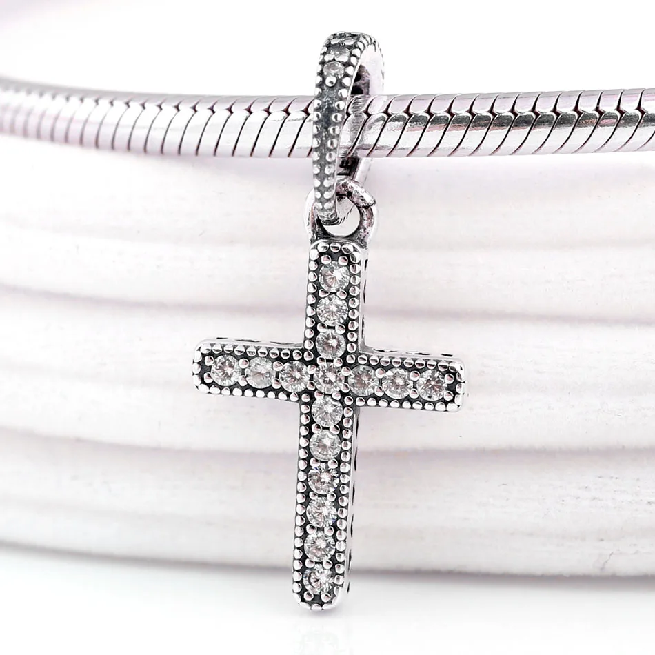 New 925 Sterling Silver Bead Charm Classic Cross With Crystal Necklace