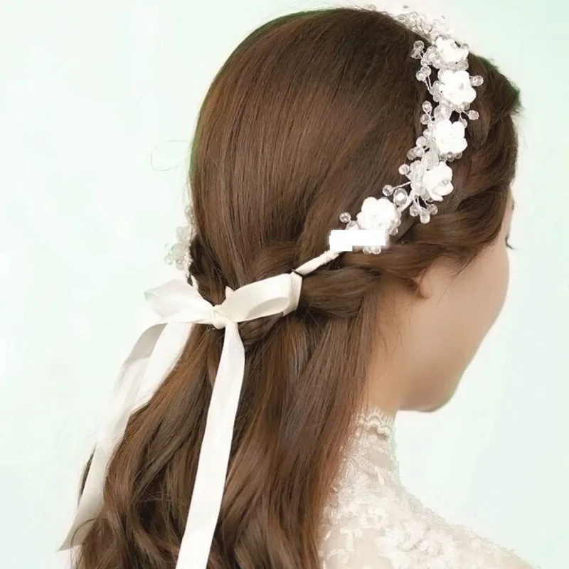 

FORSEVEN White Red Ceramic Flower Headband Garlands with Ribbon Wreath Women Girl Bridal Bride Wedding Party Floral Crown