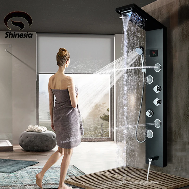 

Brushed Nickel Stainless Steel 5-function Waterfall Rain Shower Panel with Massage System Tub Spout and Handshower Shower Column