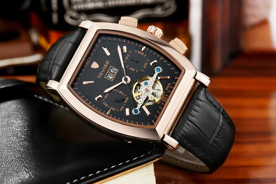 TEVISE Tourbillon Watch Men Date Calendar Self Wind Automatic Mechanical Watches Leather Men Watch Fashion Waterproof Male Clock (3)