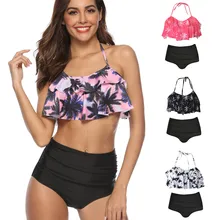 Купальник из 2 предметов, женские сексуальные топы с принтом, клешеные штаны с высокой талией, бикини, набор, женская пляжная одежда, купальники, maillot de bain femme