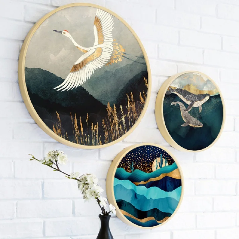 

Chinese style solid wood round decorative painting simple modern living room home painting restaurant HD abstract animals mural