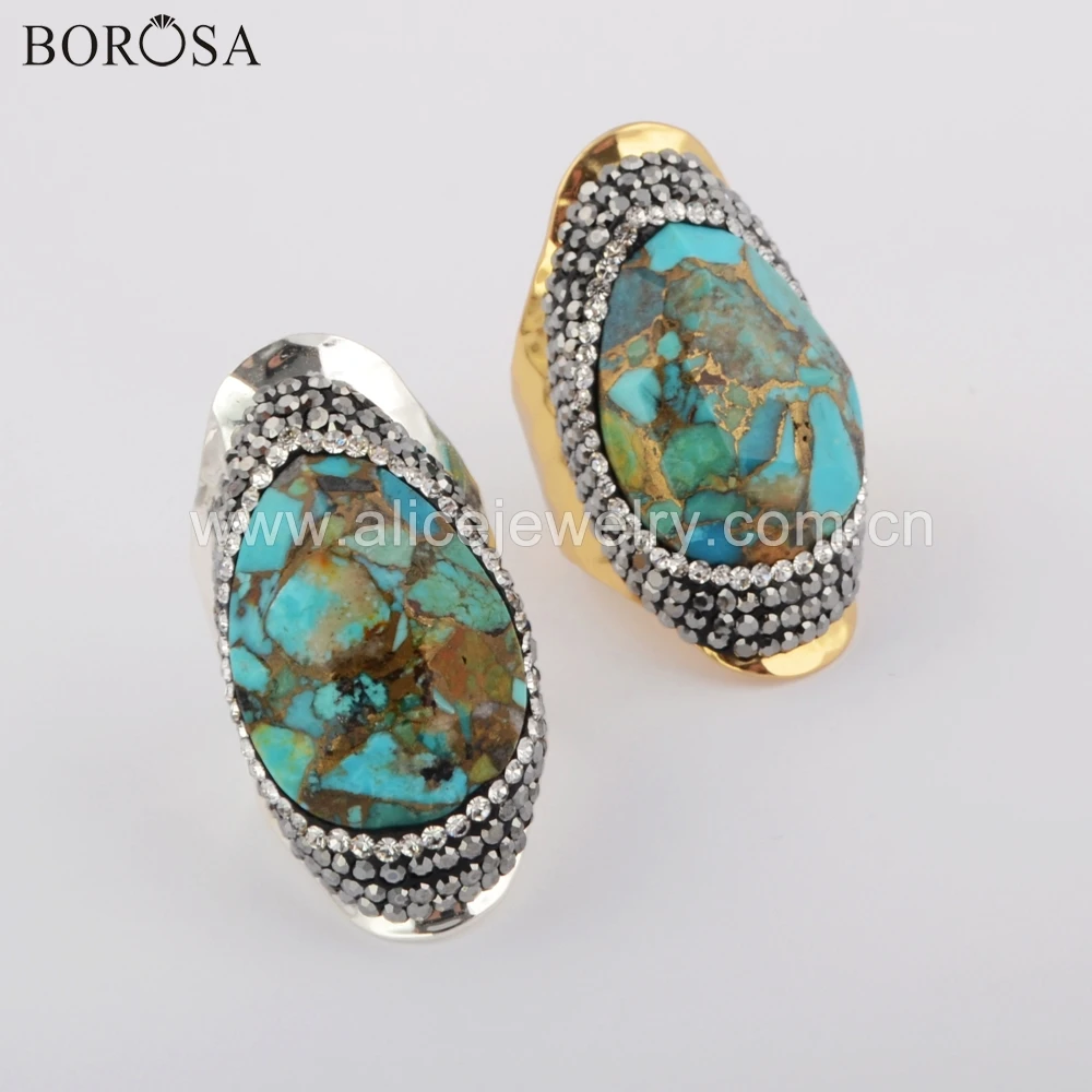 

BOROSA 5PCS High Quality Gold/Silver Color Crystal Rhinestone Pave Teardrop Copper Natural Turquoises Ring Jewelry JAB958