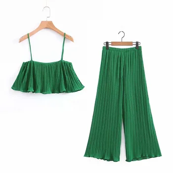 

European and American style 2019 summer new women's wild slim pleated suspenders top + casual wide leg pants suit