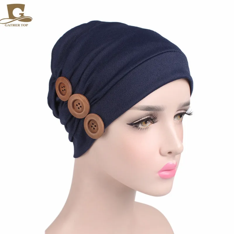Новая Женская эластичная шапочка с тремя деревянными пуговицами Кепка chemo для выпадения волос тюрбан для сна Дамская бандана - Цвет: Navy