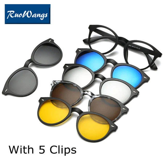 

RuoWangs Optical Spectacle Frame Women Men With 5 Clip On Sunglasses Polarized Magnetic Glasses For female Myopia Eyeglasses