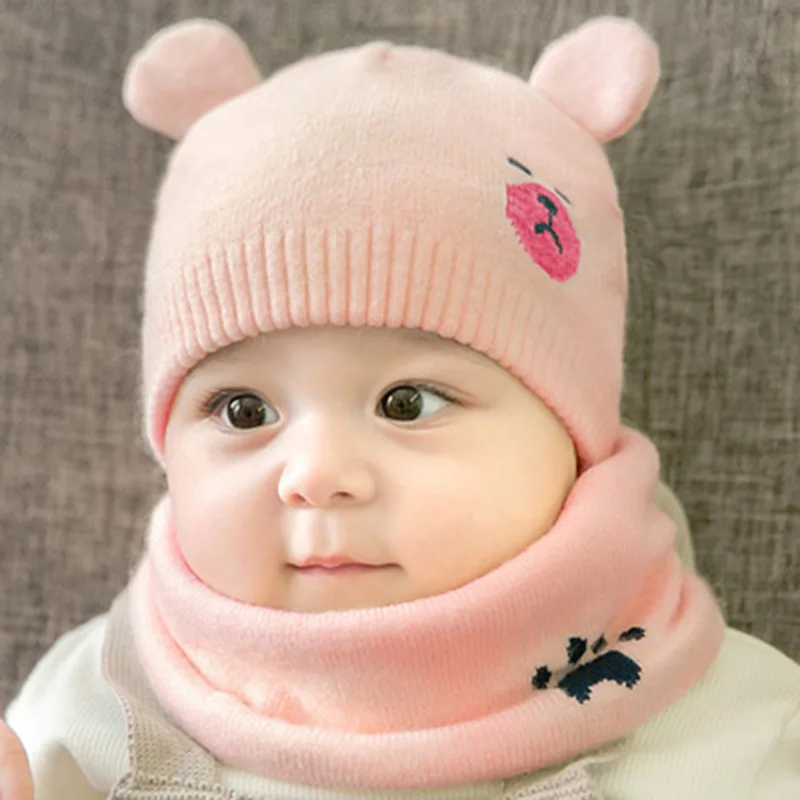 2 предмета осень-зима Новорожденный ребенок шапка шарф комплект Носки с рисунком медведя из мультика детская Обувь для мальчиков Обувь для девочек зимняя шапка шарф комплект 0-18 м - Цвет: pink