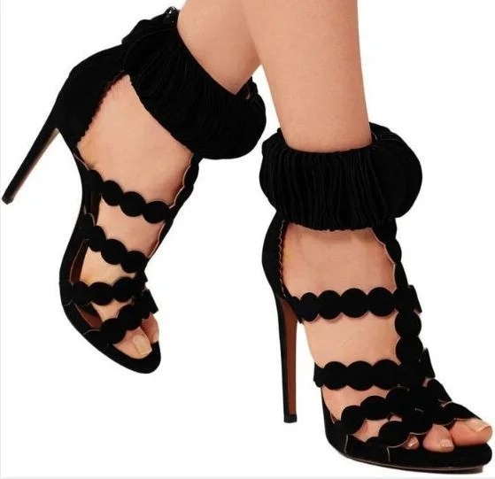

Summer New Sexy Woman Solid Black Sawtooth Open Toe Zipper Back High Dress Sandals Cheap Circle Suede Party Sandals Shoes Lady