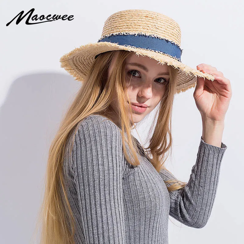 Women Summer Beach Raffia Denim Blue Ribbon Hat Raffia Flat Cap