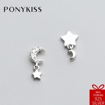 

PONYKISS Romantic Solid S925 Sterling Silver Minimalist Asymmetric Zircon Moon Star Stud Earrings Women Party Anniversary Gift