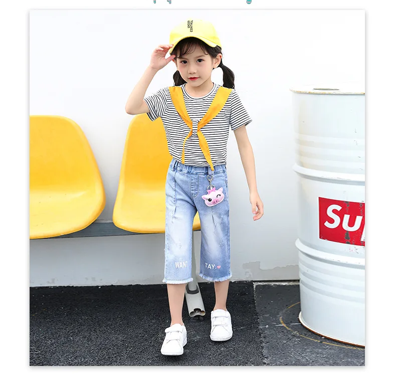 Новые летние детские джинсы в Корейском стиле летние брюки для девочек