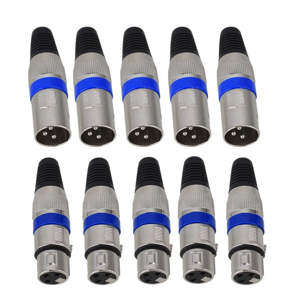 Silver and Blue Metal 3 Pin XLR Audio Cable Connector MIC Microphone