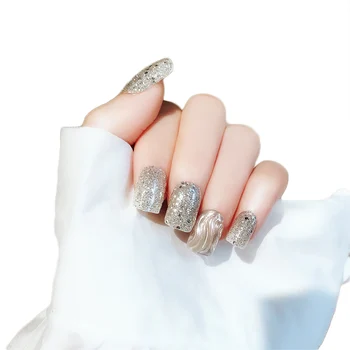 

24pcs Women Fashion Glitter False Nails Girls Water Ripple Design Nail Art Tips with Glue Ladies Sexy Party Artificial Nails
