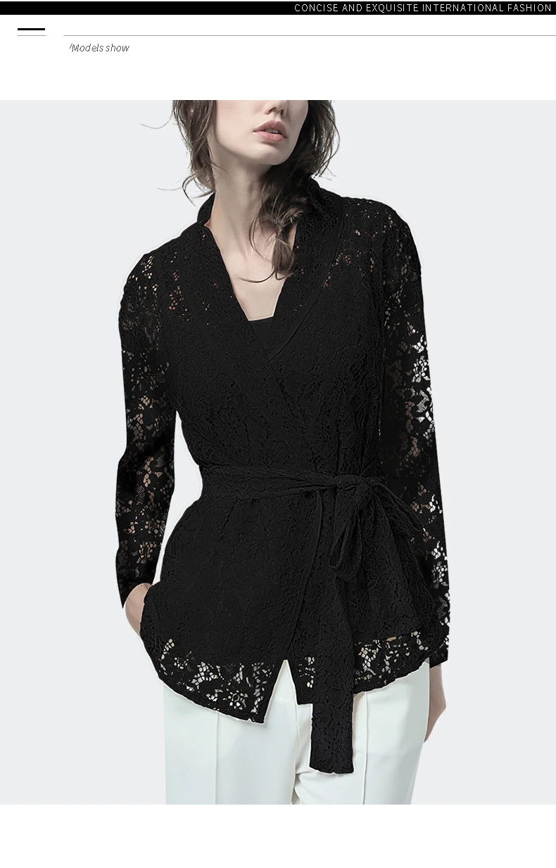 Кружевная черная блузка женские топы с длинным рукавом с v-образным вырезом выдалбливают кардиганы Блузы с поясом на шнуровке Топы офисные женские повседневные блузки
