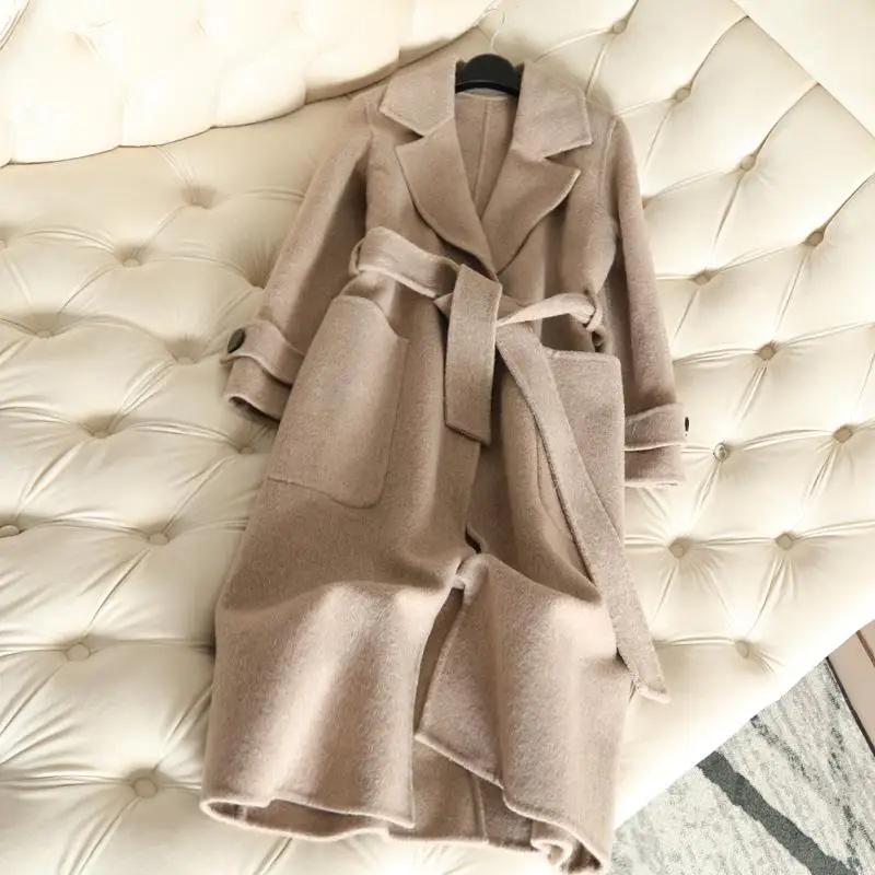Новая мода шерстяное пальто из шерсти альпаки женское с поясом однотонное весеннее длинное кашемировое пальто тонкое женское пальто дамское зимнее пальто