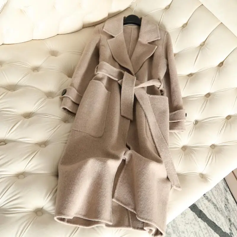 

2019 New Fashion 100% Wool Coat Alpaca Coat Women Belt Solid Spring Long Cashmere Coat Slim Female Overcoat Ladies Winter Coats