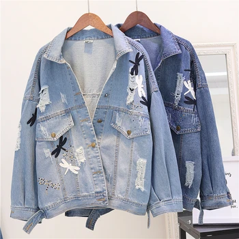 

2018 Autumn Women's Hole Jeans Jacket Casual Dragonfly Patch Loose Denim Coat Female Students Long Sleeve Jean Jackets Overcoats