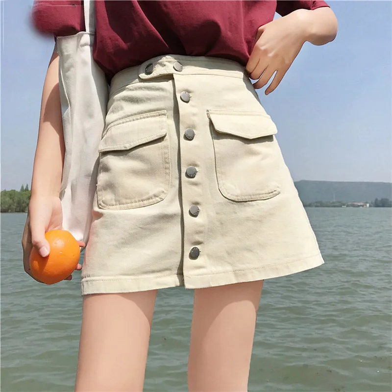 

2018 Autumn Womens ladies A-line denim Skirt High Waist jeans harajuku pockets Skirt black white casual skirts with button