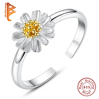 

BELAWANG Fashion Silver Rings Authentic 925 Sterling Silver & Enamel Daisy Flower Open Finger Rings For Women Wedding Jewelry
