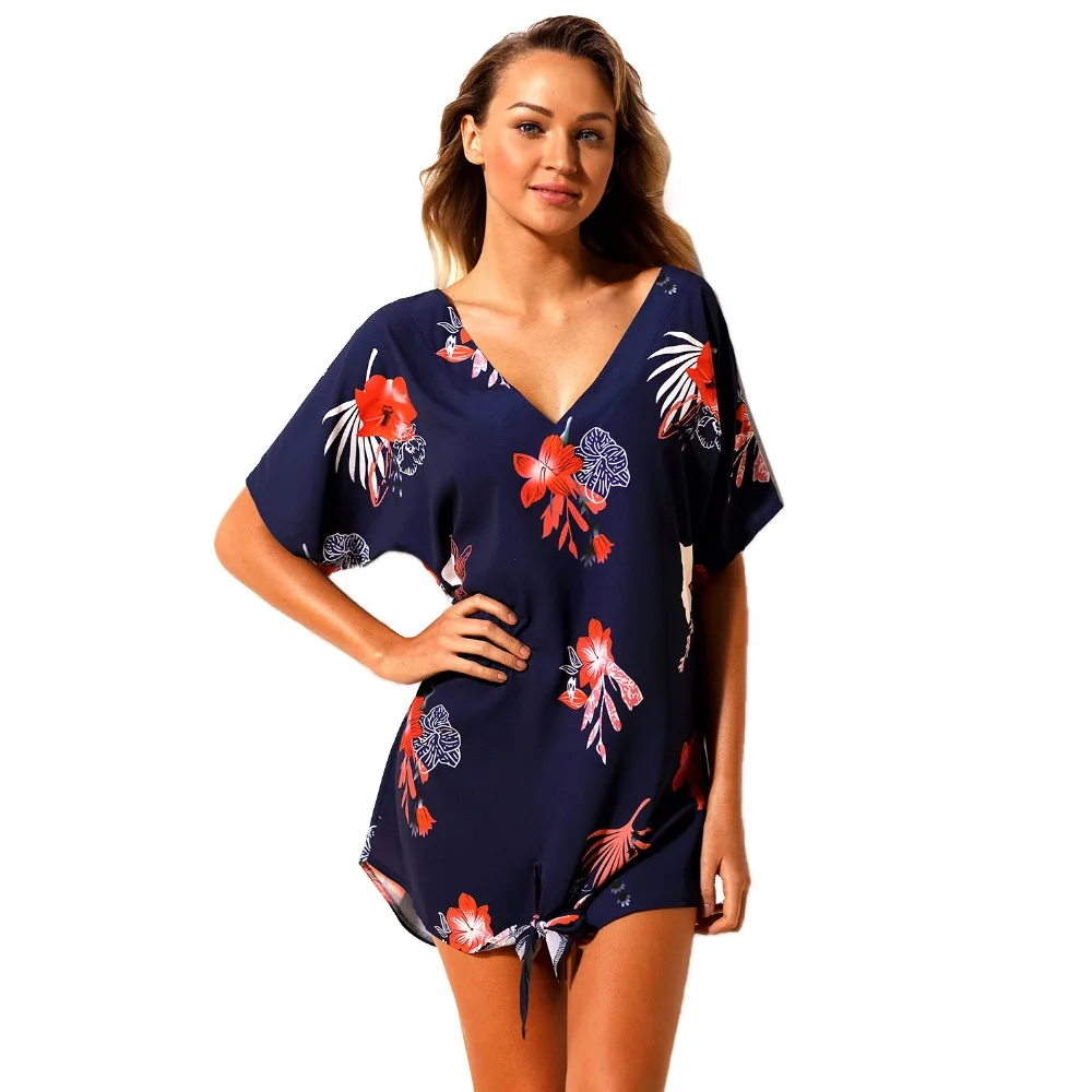 2018 Summer Bohemian Beach Dress Sexy V Neck Swimwear Tie The Knot Boho